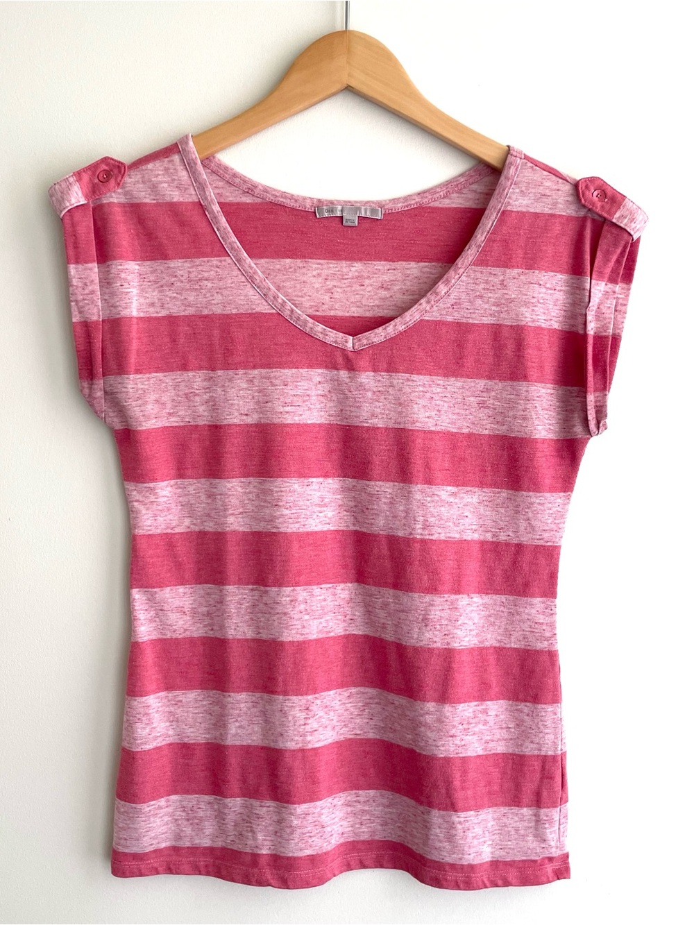 GAP Pink Striped V-Neck Cap Sleeve Top